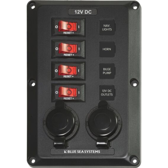 Blue Sea Systems, 4 Position with 12V Sockets, BelowDeck Circuit Breaker Panel